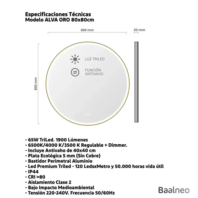 Espejo Baño Led Alva Oro 80x80 Técnico