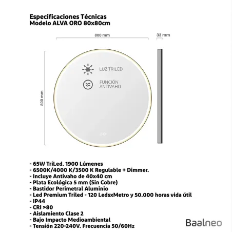 Espejo Baño Led Alva Oro 80x80 Técnico