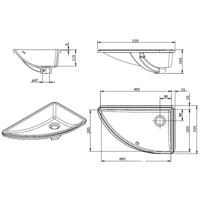 Lavabo Bajo Encimera Angular Agres Unisan Plano Técnico