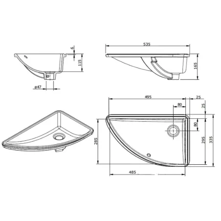 Lavabo Bajo Encimera Angular Agres Unisan Plano Técnico