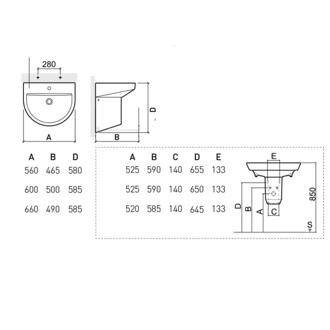 Lavabo Semipiedestal Urby Plano Técnico