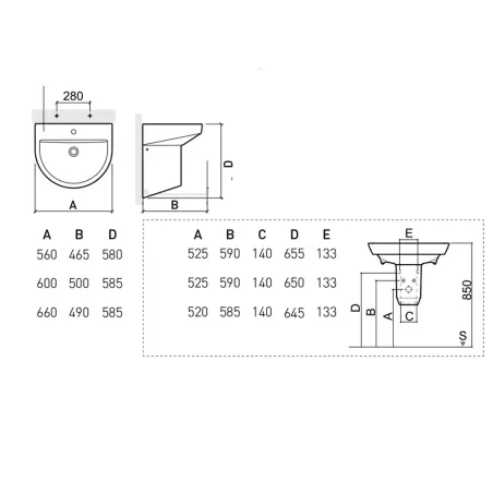 Lavabo Semipiedestal Urby Plano Técnico