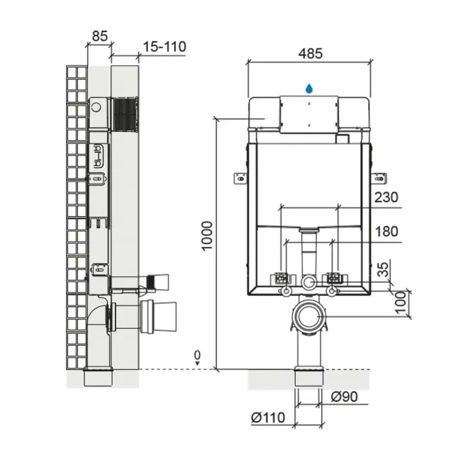 Pack Cisterna Empotrada con Placa Accionamiento Inodoro  Sanslim Plano Técnico