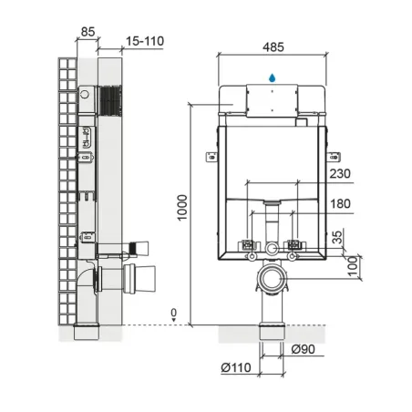 Pack Cisterna Empotrada con Placa Accionamiento Inodoro  Sanslim Plano Técnico
