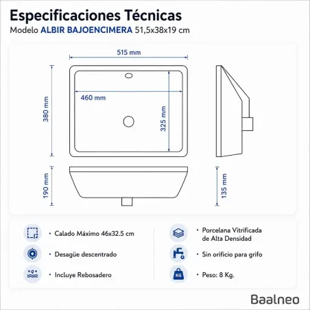 Lavabo Bajo Encimera Albir 46 Baalneo Plano Técnico