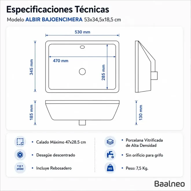 Lavabo Bajo Encimera Albir 46 Baalneo Plano Técnico