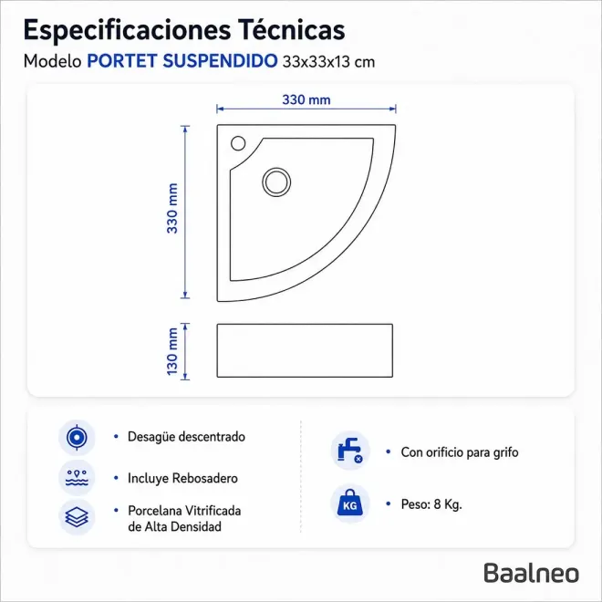 Lavabo Suspendido Portet Esquinero Baalneo Plano Técnico