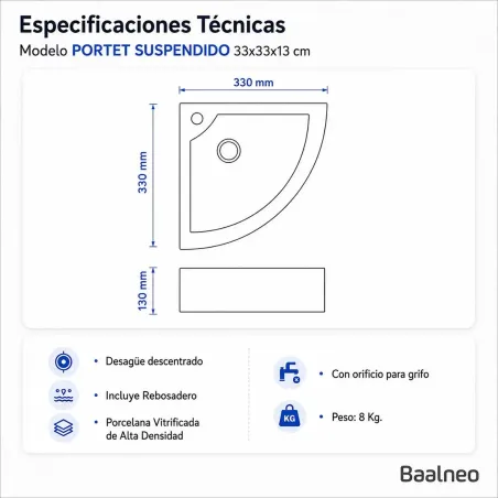 Lavabo Suspendido Portet Esquinero Baalneo Plano Técnico