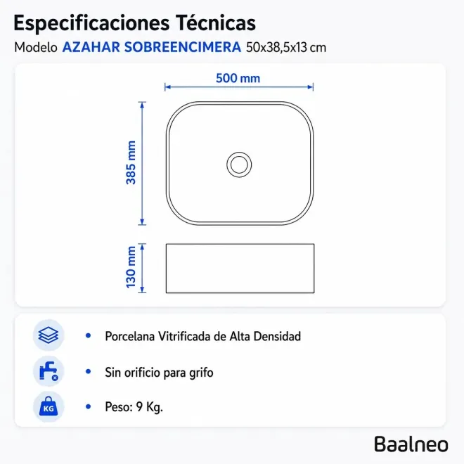 Lavabo Sobre Encimera Azahar 50 Rectangular Baalneo Plano Técnico