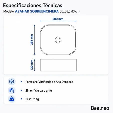 Lavabo Sobre Encimera Azahar 50 Rectangular Baalneo Plano Técnico