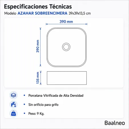 Lavabo Sobre Encimera Azahar 39 Rectangular Baalneo Plano Técnico