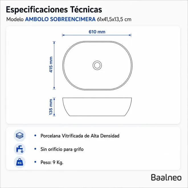 Lavabo Sobre Encimera Ambolo Ovalado Baalneo Plano Técnico