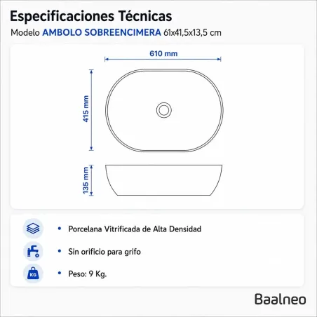 Lavabo Sobre Encimera Ambolo Ovalado Baalneo Plano Técnico