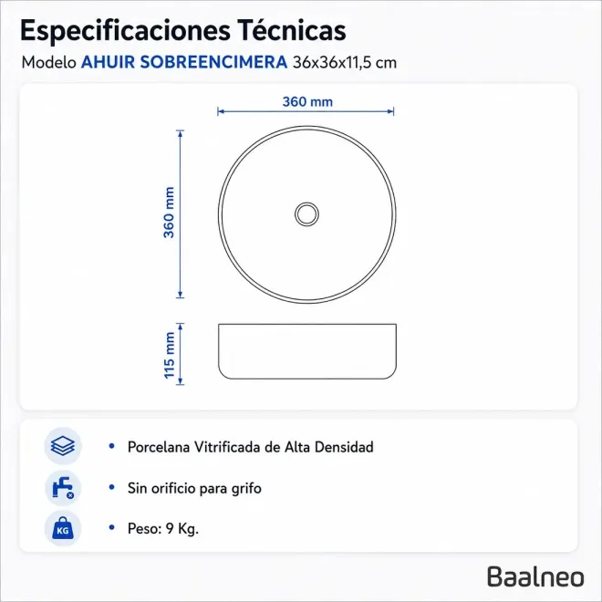 Lavabo Sobre Encimera Auhir Redondo Baalneo Plano Técnico