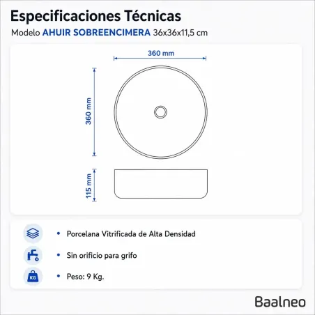 Lavabo Sobre Encimera Auhir Redondo Baalneo Plano Técnico