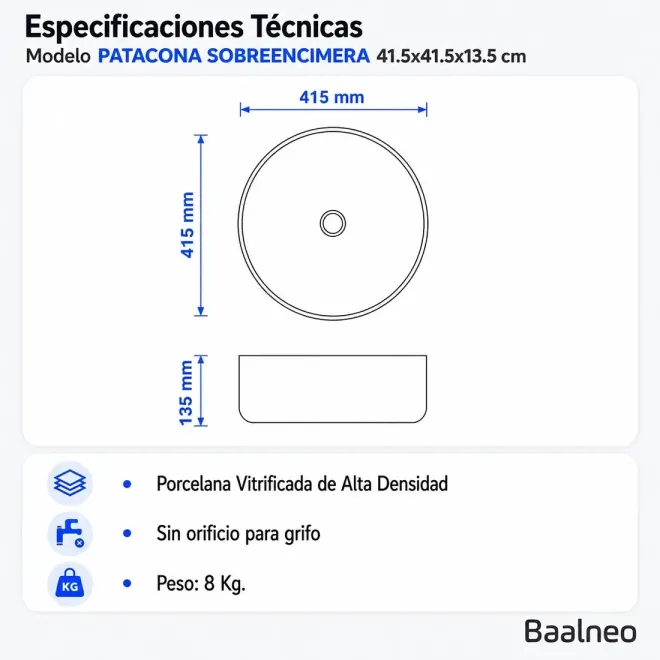 Lavabo Sobre Encimera Patacona Redondo Baalneo Plano Técnico