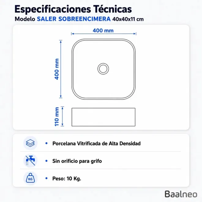 Lavabo Sobre Encimera Saler Cuadrado Baalneo Plano Técnico