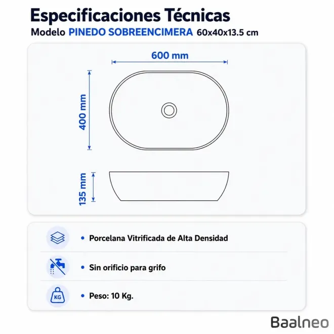 Lavabo Sobre Encimera Pinedo Ovalado Baalneo Plano Técnico