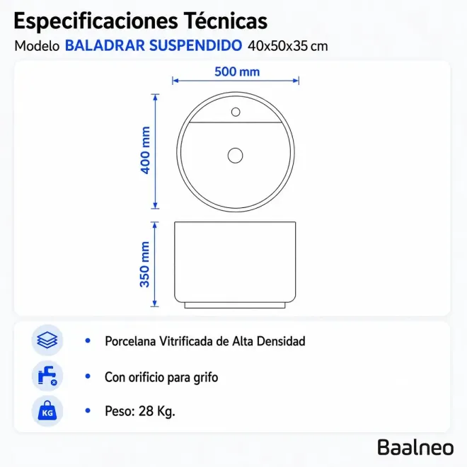 Lavabo Suspendido Baladrar Redondo Baalneo Plano Técnico