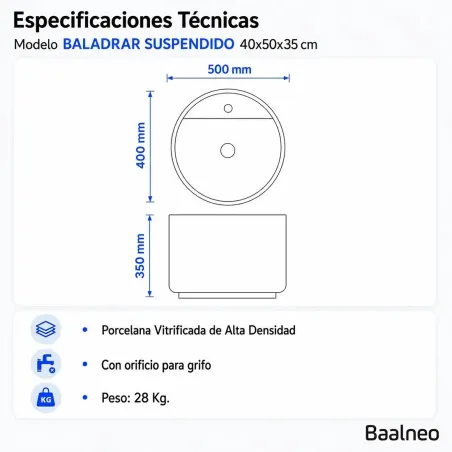 Lavabo Suspendido Baladrar Redondo Baalneo Plano Técnico