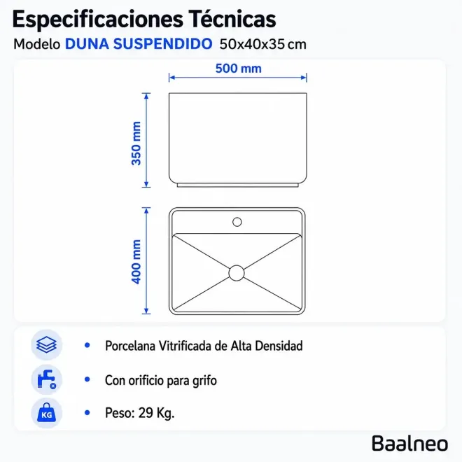Lavabo Suspendido Duna Rectangular Baalneo Plano Técnico