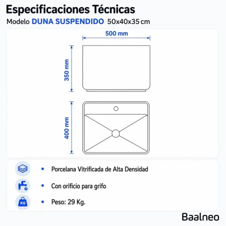 Lavabo Suspendido Duna Rectangular Baalneo Plano Técnico