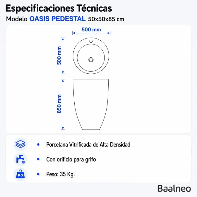 Lavabo Pedestal Oasis Redondo Baalneo Plano Técnico