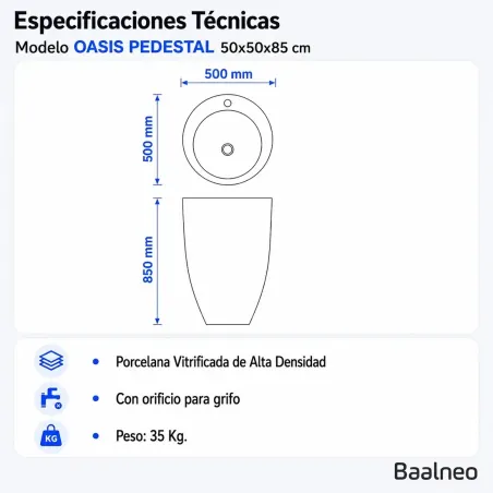 Lavabo Pedestal Oasis Redondo Baalneo Plano Técnico