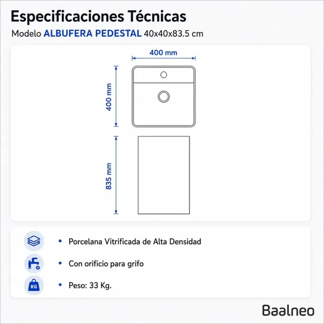 Lavabo Pedestal Albufera Cuadrado Baalneo Plano Técnico