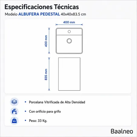 Lavabo Pedestal Albufera Cuadrado Baalneo Plano Técnico