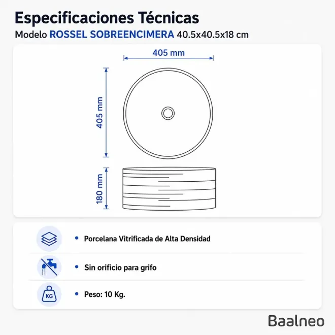 Lavabo Sobre Encimera Rossel Redondo Baalneo Plano Técnico