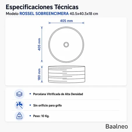 Lavabo Sobre Encimera Rossel Redondo Baalneo Plano Técnico