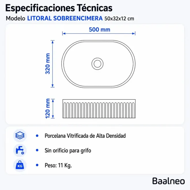 Lavabo Sobre Encimera Litoral Ovalado Baalneo Plano Técnico