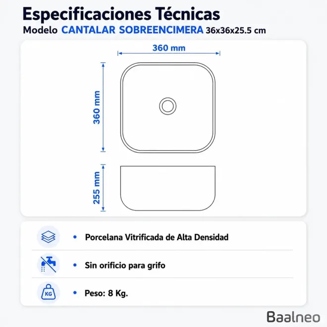 Lavabo Sobre Encimera Cantalar Cuadrado Baalneo Plano