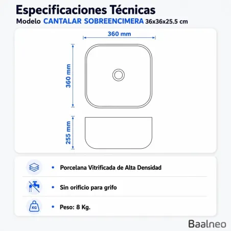 Lavabo Sobre Encimera Cantalar Cuadrado Baalneo Plano